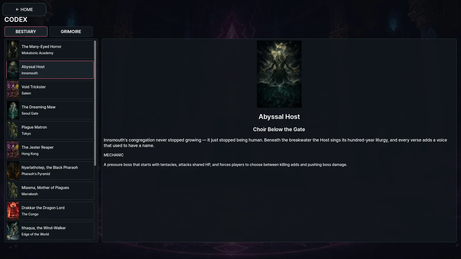 The Mythos Codex bestiary — boss entries with lore and mechanics
