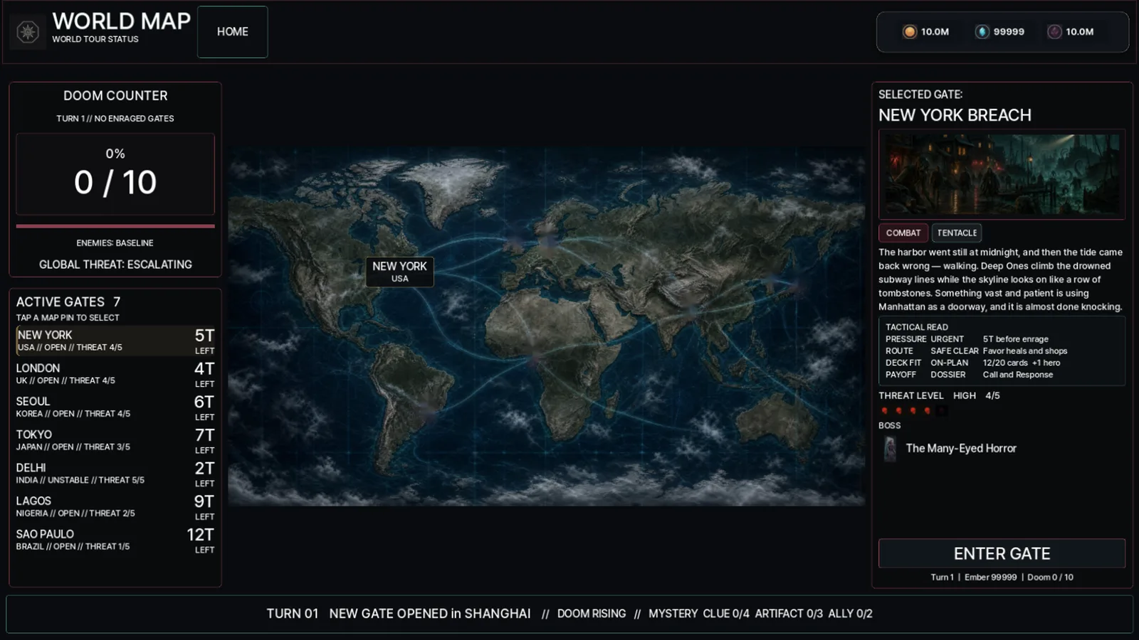 The world map — gates across a 1930s Earth, and the Doom Counter climbing