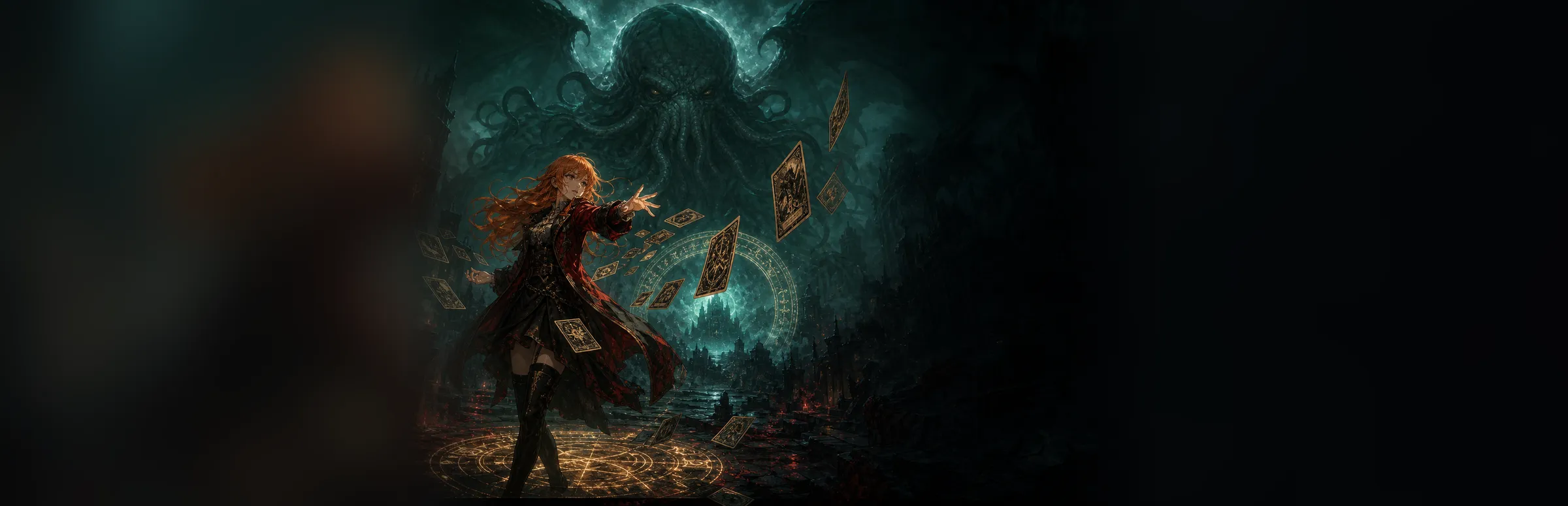Sealbound key art: a hero casting cards before a towering Cthulhu and a collapsing eldritch gate